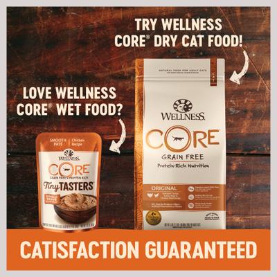 Show full view: Wellness CORE Tiny Tasters Chicken, Chicken & Turkey Pate Land Variety Pack Grain-Free Cat Food Pouches, 1.75-oz, pack of 12 slide 6 of 11