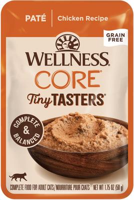 Show full view: Wellness CORE Tiny Tasters Chicken Pate Grain-Free Cat Food Pouches, 1.75-oz, pack of 12 slide 1 of 11