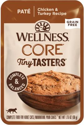 Show full view: Wellness CORE Tiny Tasters Chicken & Turkey Pate Grain-Free Cat Food Pouches, 1.75-oz, pack of 12 slide 1 of 11