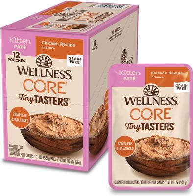 Show full view: Wellness CORE Tiny Tasters Kitten Chicken Grain-Free Pate Wet Cat Food, 1.75-oz pouch, case of 12 slide 1 of 12