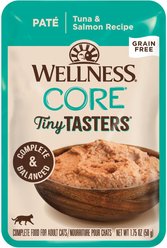 Wellness CORE Tiny Tasters Tuna & Salmon Pate Grain-Free Cat Food Pouches, 1.75-oz, pack of 12