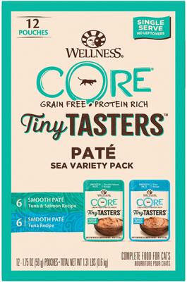 Show full view: Wellness CORE Tiny Tasters Tuna & Salmon, Tuna Pate Sea Variety Pack Grain-Free Cat Food Pouches, 1.75-oz, pack of 12 slide 1 of 11