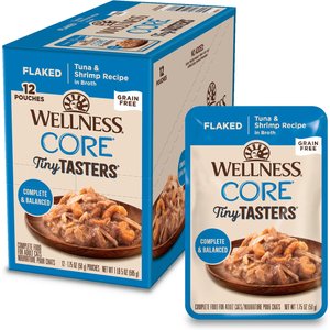 Wellness CORE Tiny Tasters Tuna & Shrimp Grain-Free Flaked Wet Cat Food, 1.75-oz pouch, case of 12