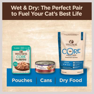 Show full view: Wellness CORE Tiny Tasters Tuna & Shrimp Grain-Free Flaked Wet Cat Food, 1.75-oz pouch, case of 12 slide 7 of 12