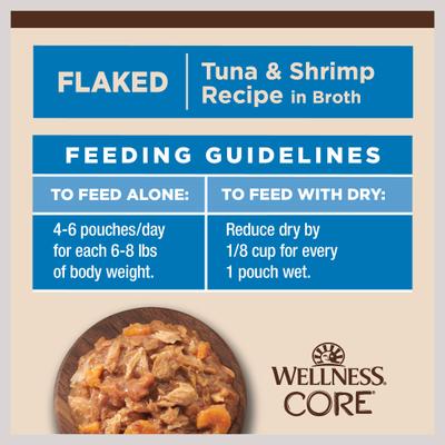 Show full view: Wellness CORE Tiny Tasters Tuna & Shrimp Grain-Free Flaked Wet Cat Food, 1.75-oz pouch, case of 12 slide 10 of 12