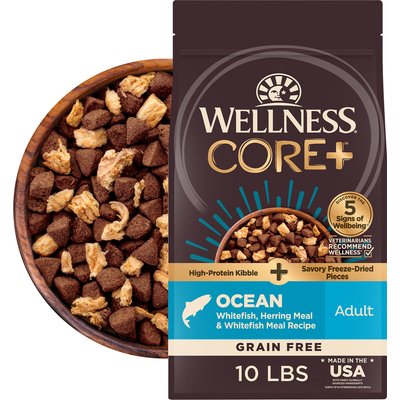 Wellness CORE+ with Freeze-Dried Pieces Adult Grain-Free High-Protein Natural Ocean Whitefish, Herring, & Salmon Dry Dog Food, 10-lb bag