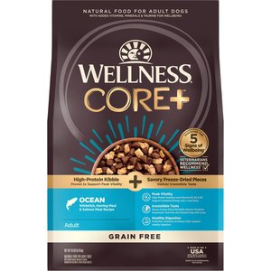 Wellness CORE+ with Freeze-Dried Pieces Adult Grain-Free High-Protein Natural Ocean Whitefish, Herring, & Salmon Dry Dog Food, 18-lb bag