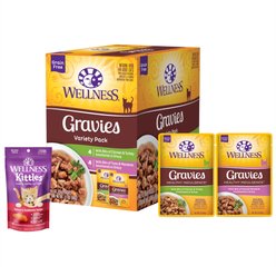 Wellness Healthy Indulgence Gravies Grain-Free Variety Pack Food Pouches + Kittles Grain-Free Salmon & Cranberries Recipe Crunchy Cat Treats
