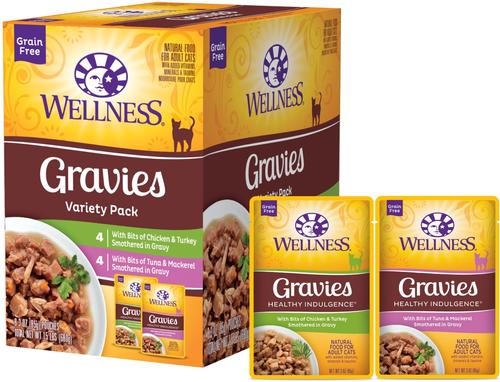 Show full view: Wellness Healthy Indulgence Gravies Grain-Free Variety Pack Food Pouches + Kittles Grain-Free Salmon & Cranberries Recipe Crunchy Cat Treats slide 2 of 9