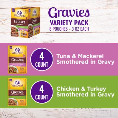 Show full view: Wellness Healthy Indulgence Gravies Grain-Free Variety Pack Food Pouches + Kittles Grain-Free Salmon & Cranberries Recipe Crunchy Cat Treats slide 3 of 9