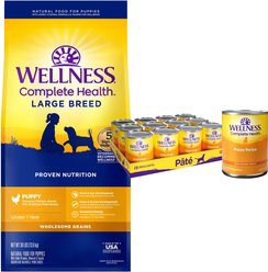 Wellness Large Breed Complete Health Puppy Deboned Chicken, Brown Rice & Salmon Meal Recipe Dry Dog Food, 30-lb bag + Wellness Complete Health Just for Puppy Canned Dog Food, 12.5-oz, case of 12