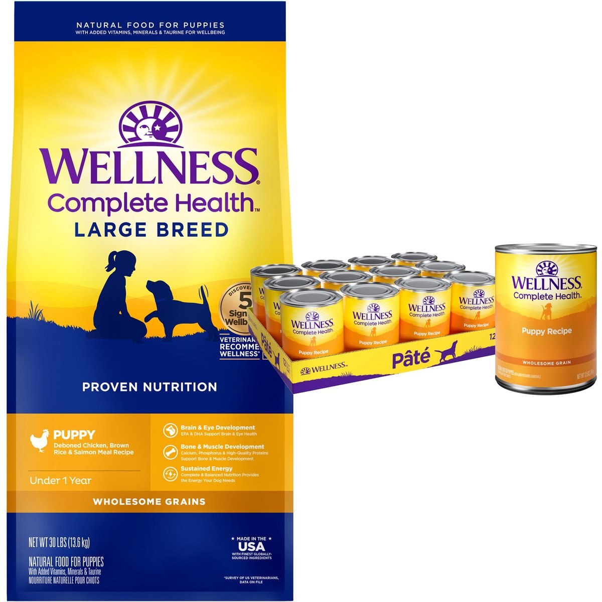 Wellness Large Breed Complete Health Puppy Deboned Chicken, Brown Rice & Salmon Meal Recipe Dry Dog Food, 30-lb bag + Wellness Complete Health Just for Puppy Canned Dog Food, 12.5-oz, case of 12