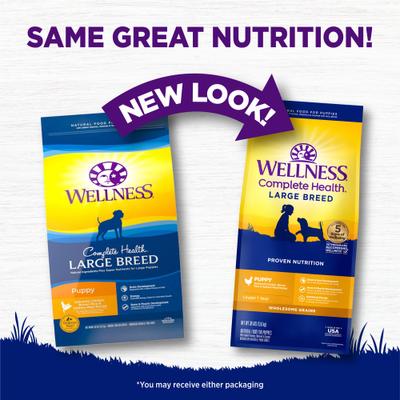 Show full view: Wellness Large Breed Complete Health Puppy Deboned Chicken, Brown Rice & Salmon Meal Recipe Dry Dog Food, 30-lb bag + Wellness Complete Health Just for Puppy Canned Dog Food, 12.5-oz, case of 12 slide 7 of 9