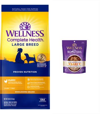Show full view: Wellness Large Breed Complete Health Puppy Deboned Chicken, Brown Rice & Salmon Meal Recipe Dry Dog Food, 30-lb bag + Wellness CORE Bowl Boosters Bare Turkey Freeze-Dried Dog Food Mixer or Topper, 4-oz bag slide 1 of 9