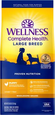 Show full view: Wellness Large Breed Complete Health Puppy Deboned Chicken, Brown Rice & Salmon Meal Recipe Dry Dog Food, 30-lb bag + Wellness CORE Bowl Boosters Bare Turkey Freeze-Dried Dog Food Mixer or Topper, 4-oz bag slide 2 of 9
