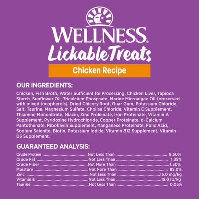 Show full view: Wellness Lickable Treats Chicken Recipe Natural Cat Treats, 0.4-oz pouch, pack of 6 slide 9 of 11