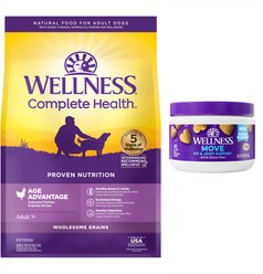 Wellness Move Hip & Joint Support Chicken Flavor Chew Supplements + Complete Health Senior Deboned Chicken & Barley Recipe Dry Dog Food slide 1 of 9