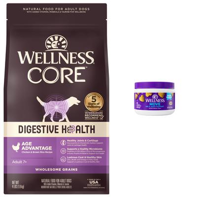 Show full view: Wellness Move Hip & Joint Support Chicken Flavor Chew Supplements + CORE Digestive Health Age Advantage Senior Chicken & Brown Rice Dry Dog Food slide 1 of 9