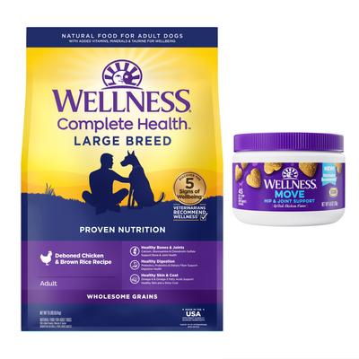 Show full view: Wellness Move Hip & Joint Support Chicken Flavor Chew Supplements + Large Breed Complete Health Deboned Chicken & Brown Rice Recipe Dry Dog Food slide 1 of 9