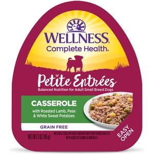 Wellness Complete Health Petite Entrees Adult Small Breed Grain-Free Lamb, Peas & Sweet Potato Casserole Wet Dog Food, 3-oz cup, case of 12