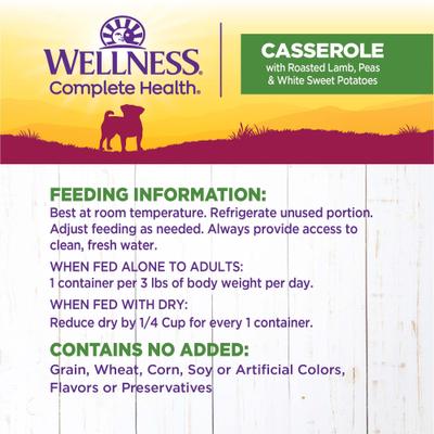 Show full view: Wellness Complete Health Petite Entrees Adult Small Breed Grain-Free Lamb, Peas & Sweet Potato Casserole Wet Dog Food, 3-oz cup, case of 12 slide 7 of 9