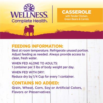 Show full view: Wellness Complete Health Petite Entrees Adult Small Breed Grain-Free Chicken, Green Beans & Carrots Casserole Wet Dog Food, 3-oz cup, case of 12 slide 7 of 9