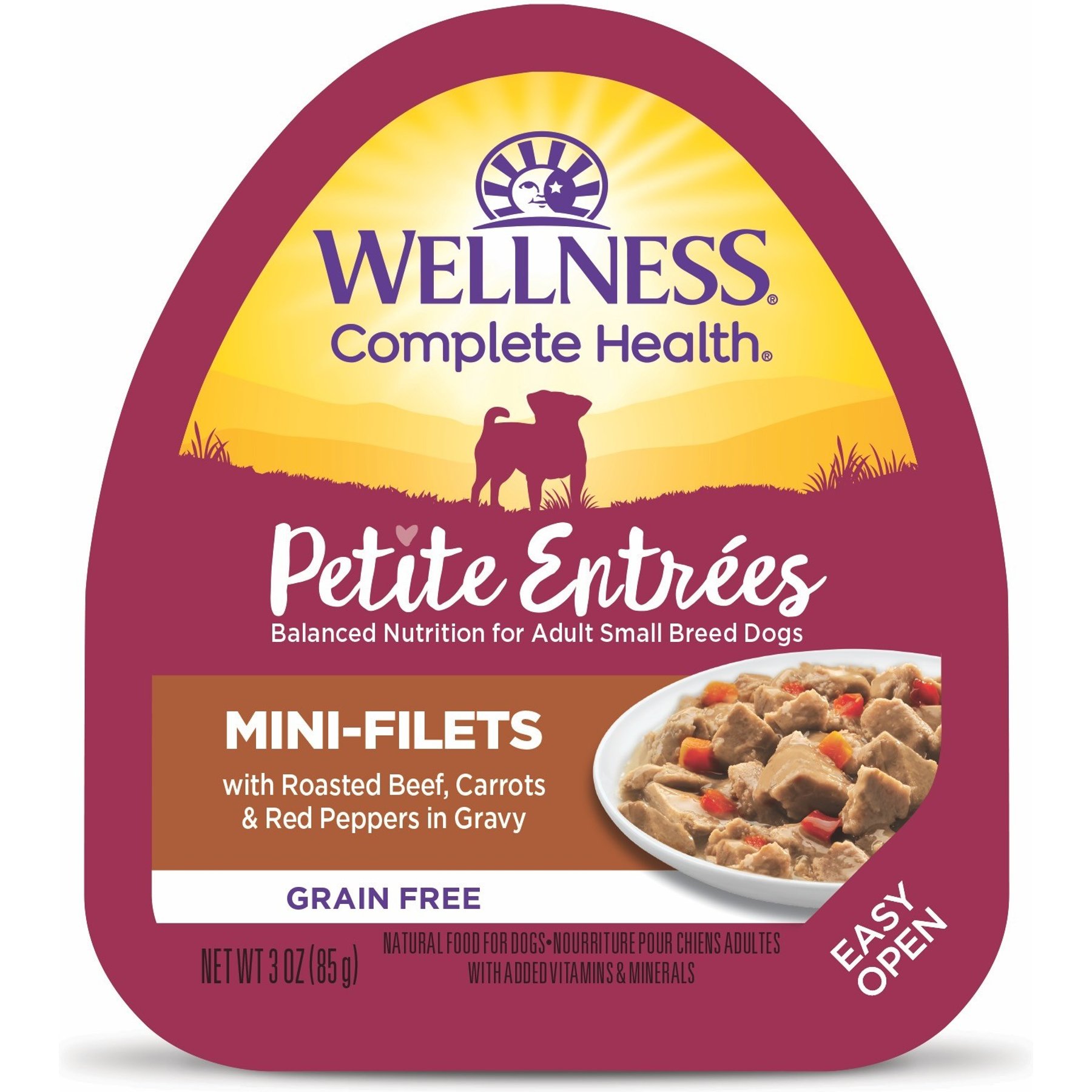 Wellness Complete Health Petite Entrees Adult Small Breed Grain-Free Beef, Carrots & Red Peppers Mini-Filets Wet Dog Food, 3-oz tray, bundle of 24