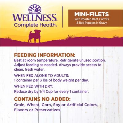 Show full view: Wellness Complete Health Petite Entrees Adult Small Breed Grain-Free Beef, Carrots & Red Peppers Mini-Filets Wet Dog Food, 3-oz tray, bundle of 24  slide 7 of 9