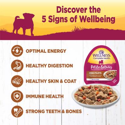 Show full view: Wellness Complete Health Petite Entrees Adult Small Breed Grain-Free Beef, Carrots & Red Peppers Mini-Filets Wet Dog Food, 3-oz cup, case of 24 slide 5 of 10