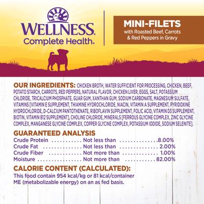 Show full view: Wellness Complete Health Petite Entrees Adult Small Breed Grain-Free Beef, Carrots & Red Peppers Mini-Filets Wet Dog Food, 3-oz cup, case of 24 slide 7 of 10