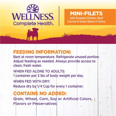 Show full view: Wellness Petite Entrees Mini-Filets with Roasted Chicken, Beef, Carrots & Green Beans in Gravy Grain-Free Wet Dog Food, 3-oz tray, 12 count slide 7 of 9