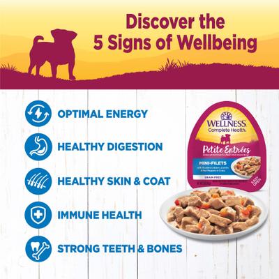 Show full view: Wellness Complete Health Petite Entrees Adult Small Breed Grain-Free Chicken, Carrots & Red Peppers Mini-Filets Wet Dog Food, 3-oz cup, case of 12 slide 4 of 9