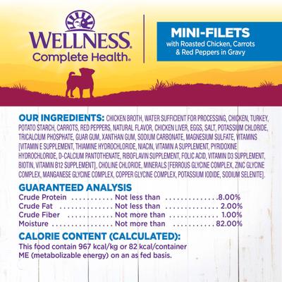 Show full view: Wellness Complete Health Petite Entrees Adult Small Breed Grain-Free Chicken, Carrots & Red Peppers Mini-Filets Wet Dog Food, 3-oz cup, case of 12 slide 6 of 9