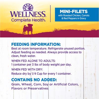 Show full view: Wellness Complete Health Petite Entrees Adult Small Breed Grain-Free Chicken, Carrots & Red Peppers Mini-Filets Wet Dog Food, 3-oz cup, case of 12 slide 7 of 9