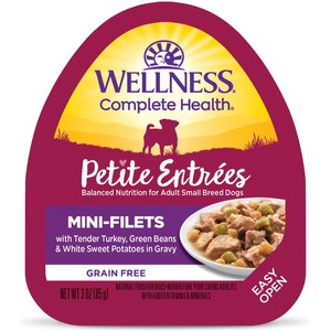 Wellness Complete Health Petite Entrees Adult Small Breed Grain-Free Turkey, Green Beans & Sweet Potato Mini-Filets Wet Dog Food, 3-oz cup, case of 12