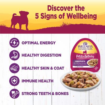 Show full view: Wellness Complete Health Petite Entrees Adult Small Breed Grain-Free Turkey, Green Beans & Sweet Potato Mini-Filets Wet Dog Food, 3-oz cup, case of 12 slide 4 of 9