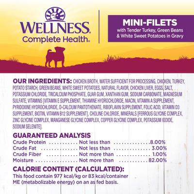 Show full view: Wellness Complete Health Petite Entrees Adult Small Breed Grain-Free Turkey, Green Beans & Sweet Potato Mini-Filets Wet Dog Food, 3-oz cup, case of 12 slide 6 of 9