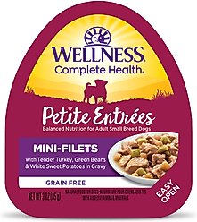 Wellness Complete Health Petite Entrees Adult Small Breed Grain-Free Turkey, Green Beans & Sweet Potato Mini-Filets Wet Dog Food, 3-oz cup, case of 24