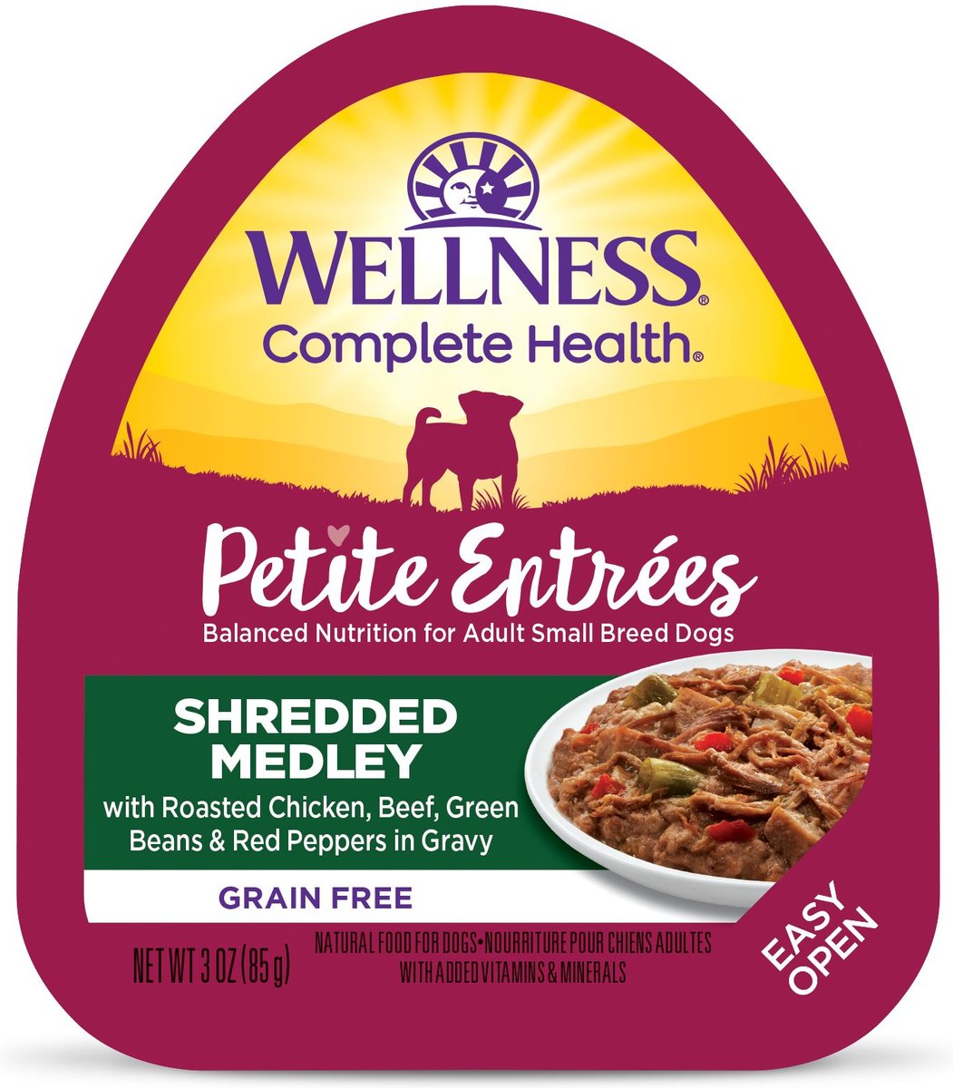 Wellness Complete Health Petite Entrees Adult Small Breed Grain-Free Chicken, Beef, Green Beans & Red Peppers Shredded Medley Wet Dog Food, 3-oz cup, case of 12