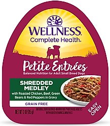 Wellness Complete Health Petite Entrees Adult Small Breed Grain-Free Chicken, Beef, Green Beans & Red Peppers Shredded Medley Wet Dog Food, 3-oz cup, case of 12