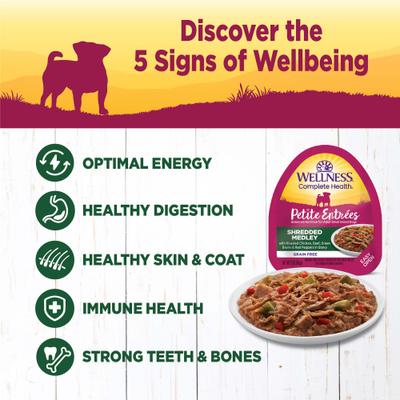 Show full view: Wellness Complete Health Petite Entrees Adult Small Breed Grain-Free Chicken, Beef, Green Beans & Red Peppers Shredded Medley Wet Dog Food, 3-oz cup, case of 12 slide 4 of 9