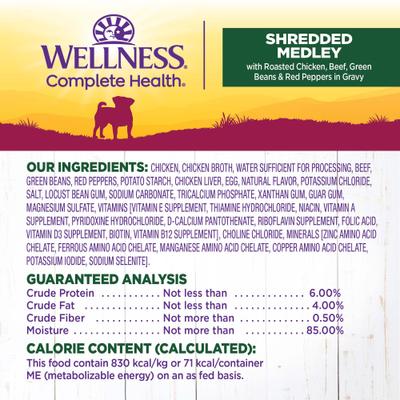 Show full view: Wellness Complete Health Petite Entrees Adult Small Breed Grain-Free Chicken, Beef, Green Beans & Red Peppers Shredded Medley Wet Dog Food, 3-oz cup, case of 12 slide 6 of 9