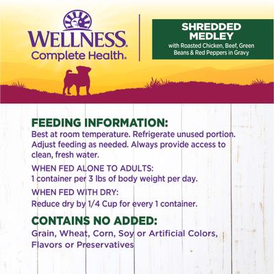 Show full view: Wellness Complete Health Petite Entrees Adult Small Breed Grain-Free Chicken, Beef, Green Beans & Red Peppers Shredded Medley Wet Dog Food, 3-oz cup, case of 12 slide 7 of 9