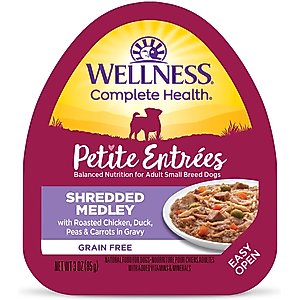 Wellness Complete Health Petite Entrees Adult Small Breed Grain-Free Chicken, Duck, Peas & Carrots Shredded Medley Wet Dog Food, 3-oz cup, case of 12