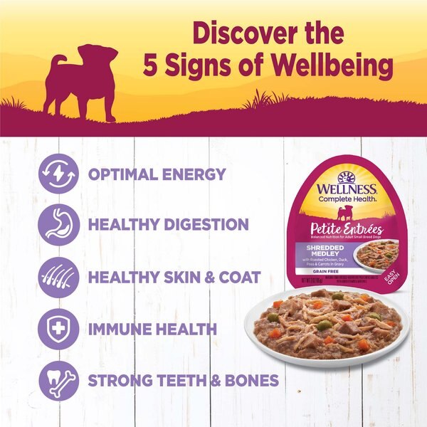 Wellness Complete Health Petite Entrees Adult Small Breed Grain-Free Chicken, Duck, Peas & Carrots Shredded Medley Wet Dog Food, 3-oz cup, case of 12
