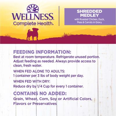 Show full view: Wellness Complete Health Petite Entrees Adult Small Breed Grain-Free Chicken, Duck, Peas & Carrots Shredded Medley Wet Dog Food, 3-oz cup, case of 12 slide 7 of 8