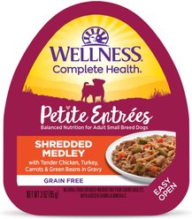 Wellness Complete Health Petite Entrees Adult Small Breed Grain-Free Chicken, Turkey, Carrots & Green Beans Shredded Medley Wet Dog Food, 3-oz cup, case of 12
