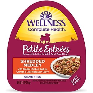 Wellness Complete Health Petite Entrees Adult Small Breed Grain-Free Chicken, Turkey, Carrots & Green Beans Shredded Medley Wet Dog Food, 3-oz cup, case of 12