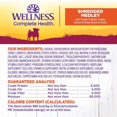 Show full view: Wellness Complete Health Petite Entrees Adult Small Breed Grain-Free Chicken, Turkey, Carrots & Green Beans Shredded Medley Wet Dog Food, 3-oz cup, case of 12 slide 6 of 8