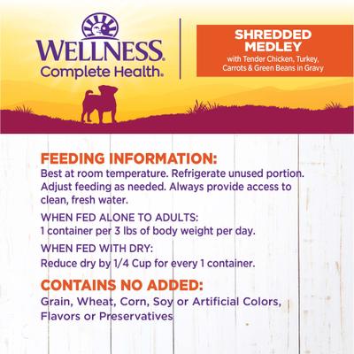 Show full view: Wellness Complete Health Petite Entrees Adult Small Breed Grain-Free Chicken, Turkey, Carrots & Green Beans Shredded Medley Wet Dog Food, 3-oz cup, case of 12 slide 7 of 8